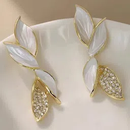 Krelin Gold-Plated Enamelled Zircon Studded Leaf Shaped Drop Earrings image 4