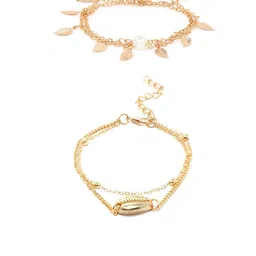OOMPH Set of 2 Gold-Plated Sea Shell & Leaf Pearls Anklets-image-73