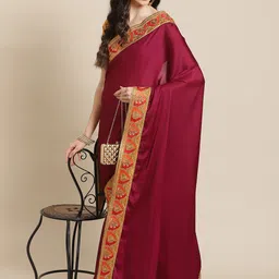 Mitera Maroon & Golden Gotta Patti Solid Saree image 5