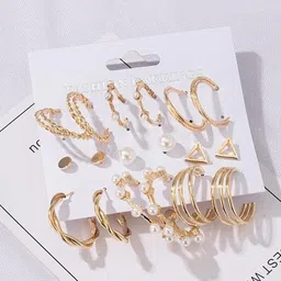 dressberry Combo Of 9 Pair Gold Plated Triangle Stud And Twisted Hoop Earrings For Women Pearl Alloy Hoop Earring image 5