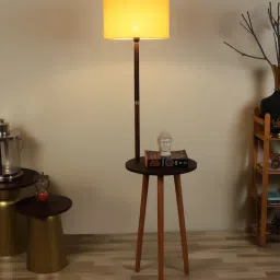 pristine interiors Yellow Cotton Shade Shelf Floor Lamp with Walnut Base-picture-39