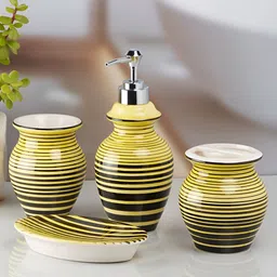 Kookee Yellow & Black 4 pieces Striped  Glossy Ceramic Bath Accessories Set image 4