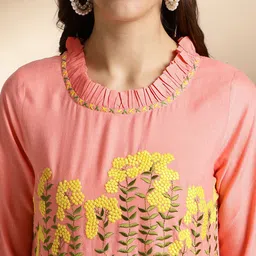 Anouk Floral Embroidered Yoke Design Bell Sleeves Thread Work Kurta image 2