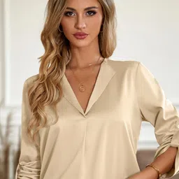 StyleCast Lapel Collar Roll-Up Sleeves Casual Top image 2