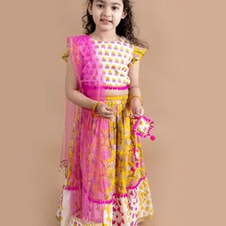 pspeaches Girls Yellow & White Printed Ready to Wear Lehenga & Blouse With Dupatta image 5