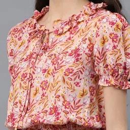 fuchsia PRETTY LOVING THING Pink Floral Print Tie-Up Neck Blouson Top image 5