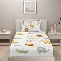 BREVARD Off White & Yellow Printed 210 TC Single Bedsheet With 1 Pillow Cover image 2