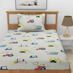 BREVARD Off White & Blue Conversational Printed 210 TC Single Bedsheet with 1 Pillow Cover image 3