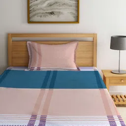 Arrabi Peach-Coloured & Blue Striped 300 TC Single Bedsheet with 1 Pillow Cover image 3