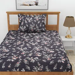 MORADO Blue & White Floral Printed 210 TC Single Bedsheet With 1 Pillow Cover image 2