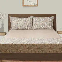 SWAYAM Beige & White Printed Cotton 160 TC King Bedsheet with 2 Pillow Covers image 2
