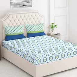 Layers Green & Blue 230 TC Geometric Queen Bedsheet with 2 Pillow Covers image 2