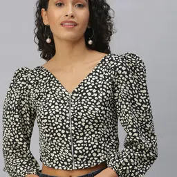 SHOWOFF Black Print Crepe Wrap Crop Top image 2