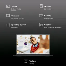 DELL DC15255 AMD Ryzen 3 Thin & Light Laptop (8GB, 512GB SSD, Windows 11, 15.6 inch Full HD IPS Display, MS Office Home 2024, Carbon Black, 1.66 KG) image 3