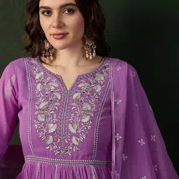 Sangria Lavender Printed Notch Neck Georgette A-Line Kurta With Trouser & Dupatta Set image 2