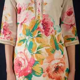 Indo Era Floral Printed Beads and Stones Linen Straight Kurta with Trousers & Dupatta image 2