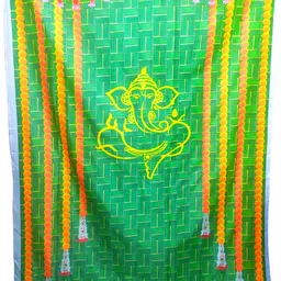 epoojacart (Model - 17) Ganesh on Green Coconut Leaf and Marigold Flowers Design Backdrop Festival Decoration Tapestry image 1