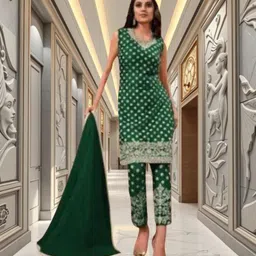 dealbazaars corporation Semi Stitched Net/Lace Kurta with Jacket & Bottom Material Dyed, Embroidered, Embellished, Self Design image 2