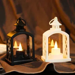 abc Decorative LED Lantern Lamps for Home Décor, Diwali, Christmas White, Black Plastic Hanging Lantern image 2