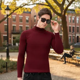 Men Solid High Neck Maroon Sweater-image-9