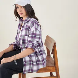 chimpaaanzee Women Oversized Fit Checkered Spread Collar Casual Shirt-picture-15