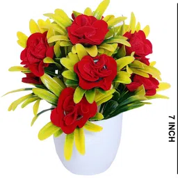 s-biv Set of 4 Pieces flowers with pot for home decoration Multicolor, Red, Pink Rose Artificial Flower with Pot image 5