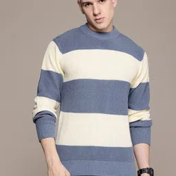 roadster Men Striped Round Neck Blue Sweater image 3