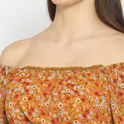 fuchsia PRETTY LOVING THING Mustard Yellow Floral Print Off-Shoulder Chiffon Bardot Crop Top image 5