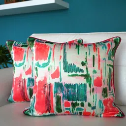 TARA- Sparkling Homes Green & Pink 2-Pieces Floral Square Cushion Covers image 2