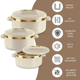 milton Curve Inner Steel Casserole Regular Set of 3 (840 ml, 1300 ml, 1880 ml), Ivory Pack of 3 Serve Casserole image 2