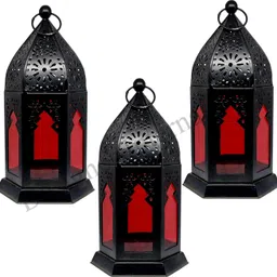 Designer International Decorative Moksha Hanging Lantern/Lamp with t-Light Candle, SET OF 6 Black, Blue Iron Table Lantern image 4