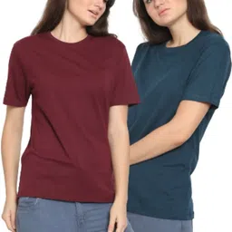 youthpoi Pack of 2 Women Solid Round Neck Pure Cotton Green, Maroon T-Shirt-picture-26