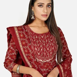 vbuyz KALINI Women Red Ethnic Motifs Embroidered Layered Thread Work Pure Cotton Kurta Trouser Set With Dupatta image 2