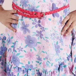 KiddoPanti Floral Printed Bell Sleeve Layered Drop-Waist Dress With Belt image 2