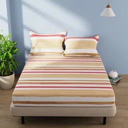 BIANCA Serina Beige & Red Striped Cotton 144 TC Queen Bedsheet With 2 Pillow Covers image 4