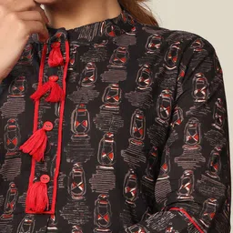 MIRAVAN Women Black Printed Empire Pure Cotton Kurta with Skirt & With Dupatta image 3