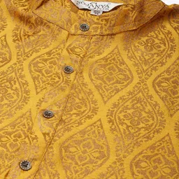 SOJANYA PLUS Men Mustard Yellow & White Jacquard Silk Woven Design Kurta with Pyjamas image 4