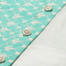 SOJANYA Men Turquoise Blue & White Ethnic Motifs Embroidered Kurta with Churidar & Jacket image 2