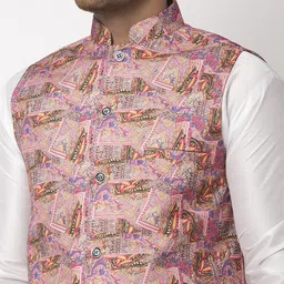 Benstoke Men Pink & Yellow Printed Woven Nehru Jacket image 2