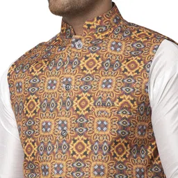 Benstoke Men Mustard-Yellow & Grey Printed Woven Nehru Jacket image 5