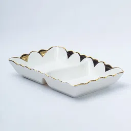 market 99 White & Golden Ceramic Rectangular Dish with Elegant Gold Trim & Glossy Finish Tray image 4