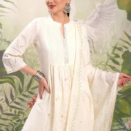 Vishudh Cream Coloured Mirror Work Pure Cotton A-Line Kurti With Trousers & Dupatta-picture-31