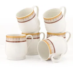CLAY CRAFT White & Yellow 6Pcs Geometric Printed Ceramic Glossy Cups Set Of Cups & Mugs image 2