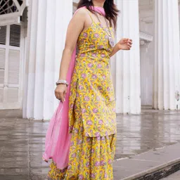 Lavanya The Label Women Yellow & Pink Printed Cotton Kurta with Sharara & With Dupatta image 2