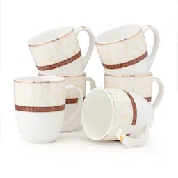 JCPL White & Brown 6Pcs Handcrafted Printed Ceramic Glossy Cups 230ml image 2