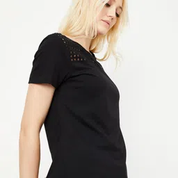 max Women Solid Round Neck Pure Cotton Black T-Shirt image 2