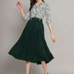 zwerlon Women A-line Dark Green, White Midi/Calf Length Dress-picture-16