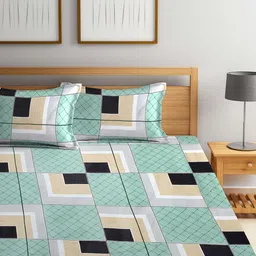 Arrabi Bookfold Green & Beige Geometric 300 TC King Bedsheet With 2 Pillow Covers image 3