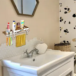 smart slide Stainless Steel 3 in 1 Multipurpose Bathroom Wall Shelf - Toothpaste - Toothbrush Holder – Tumbler Holder – Kitchen Rack - Kitchen Organizer – Bathroom organizer with Toothbrush and Towel Holder Stainless Steel Wall Shelf image 3