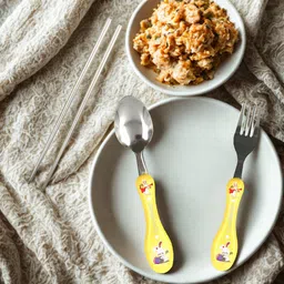 hian Kids Spoons Set with Case - Fork, Spoon & 2 Chopsticks For Kids, Yellow Color, Stainless Steel Cutlery Set image 2